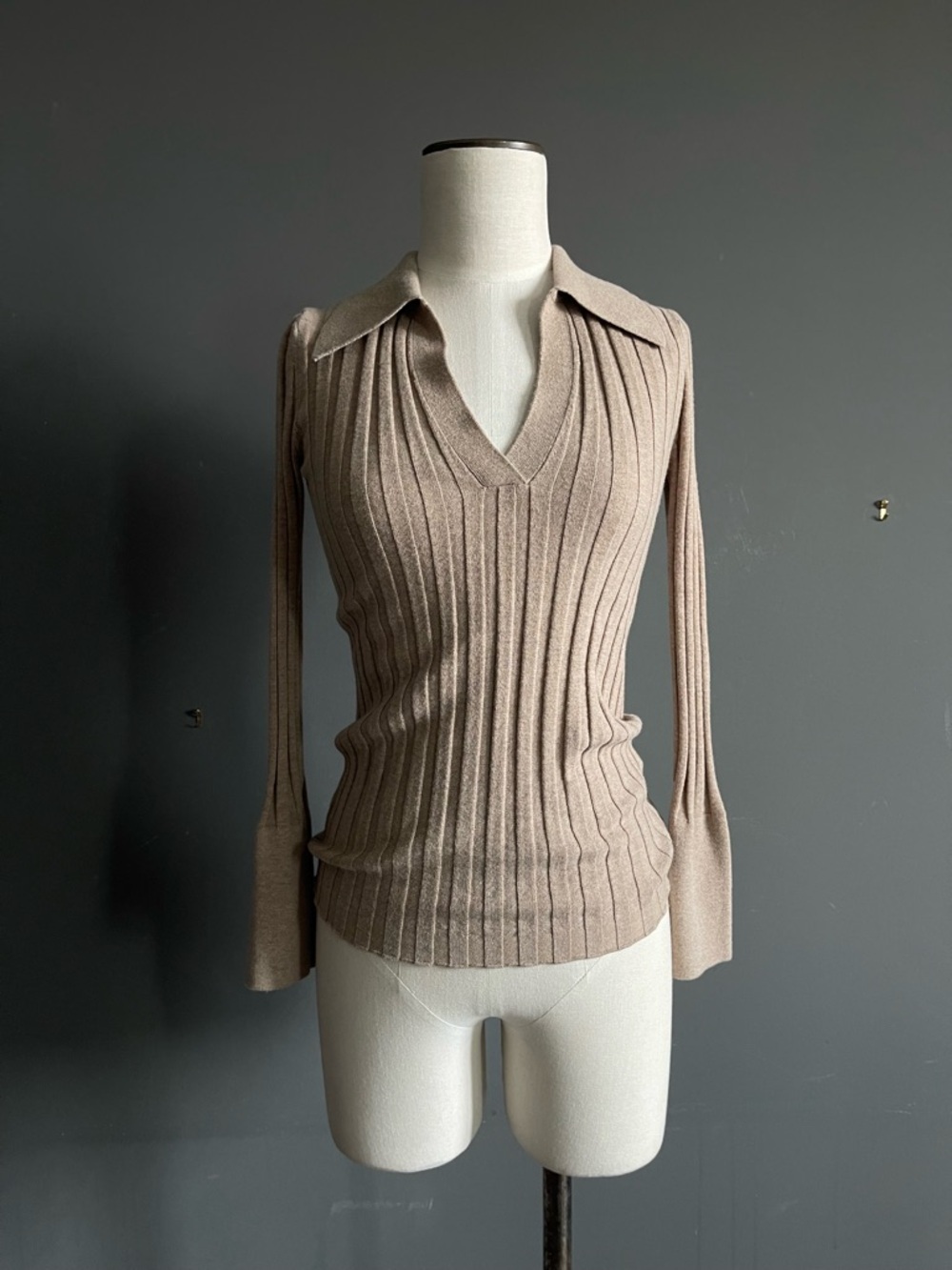 Nicholas Ribbed Knit Top Taupe Collared V Neck Fitted Minimalist Chic 90s Basic